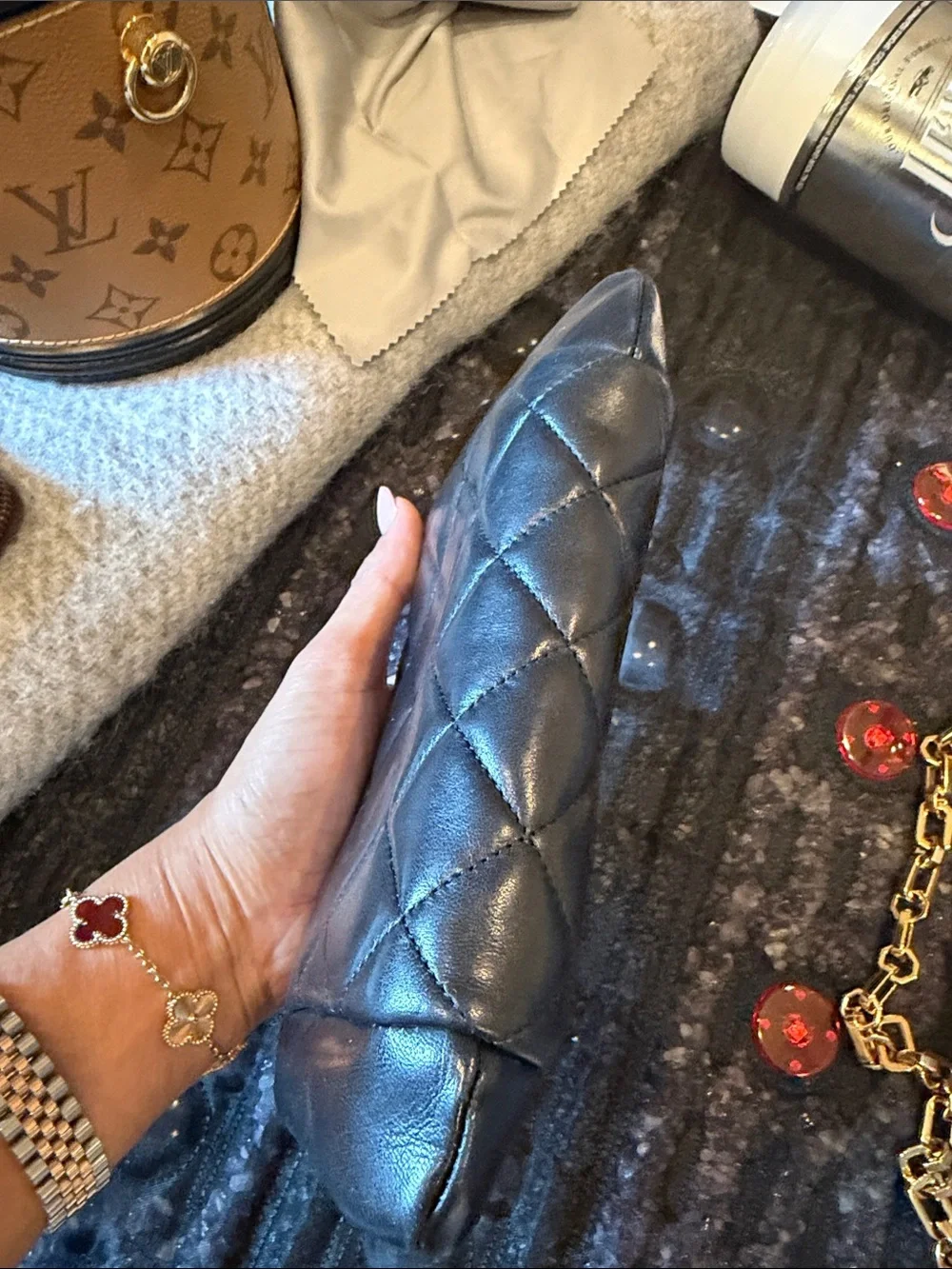 CHANEL Black Quilted Leather Triple-Compartment Wallet with Gold CC